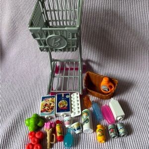 Barbie Supermarket Doll Food & Grocery Cart + accessory basket flowers 21 pc lot